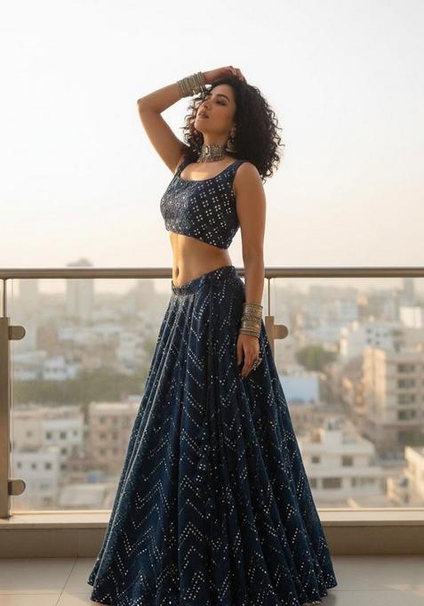 Blue Embroidery Georgette Lehenga Set