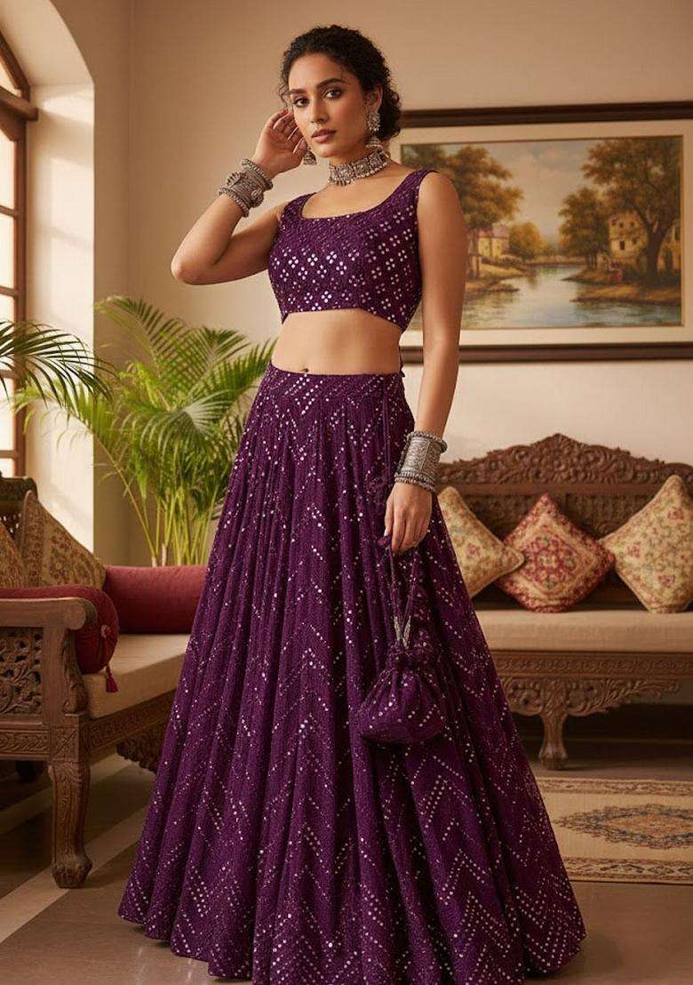 Wine Georgette Lehenga Set with Embroidery for Diwali | Wedding & Festive Wear - Indya