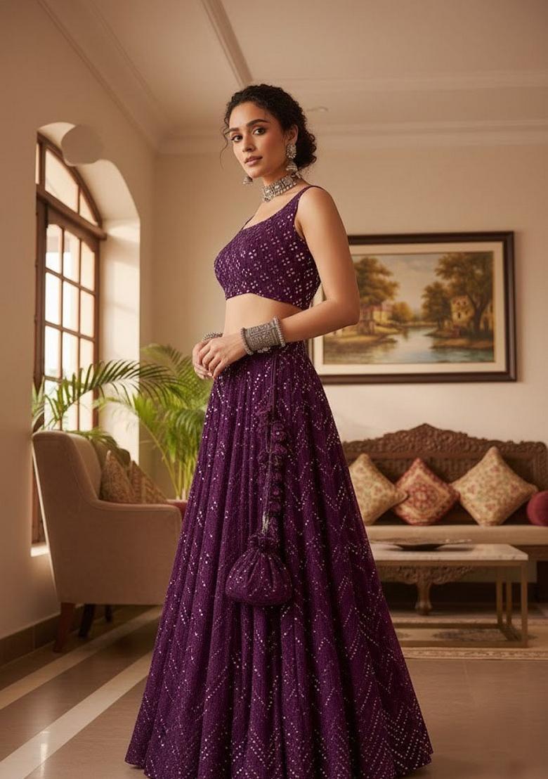 Wine Embroidery Georgette Lehenga Set - Indya