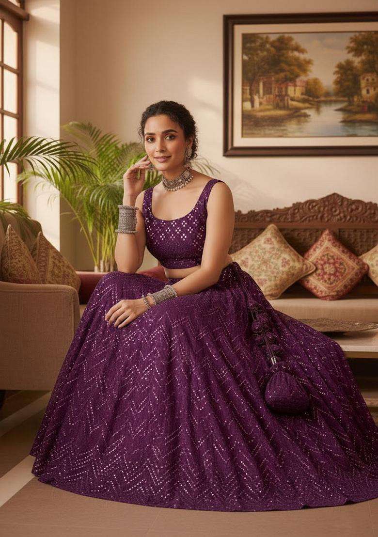 Wine Georgette Lehenga Set with Embroidery for Diwali | Wedding & Festive Wear - Indya