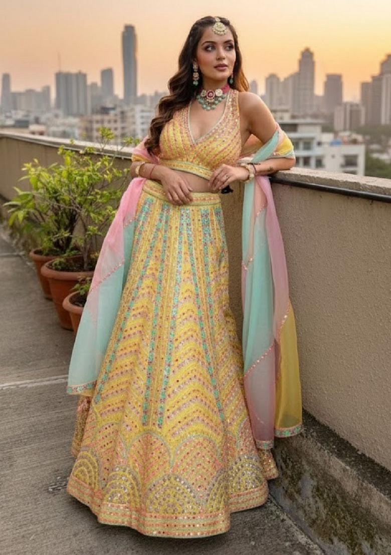 Yellow Embroidery Silk Lehenga Set - Indya