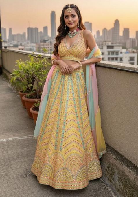 Yellow Embroidery Silk Lehenga Set