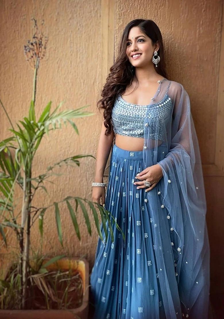 Dark Sky Blue Embroidery Georgette Lehenga Set - Indya