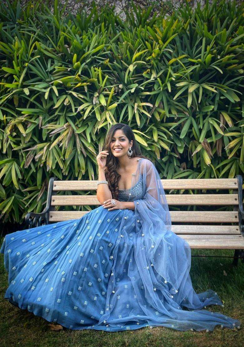 Dark Sky Blue Georgette Lehenga Set with Embroidery for Diwali | Wedding & Festive Wear - Indya