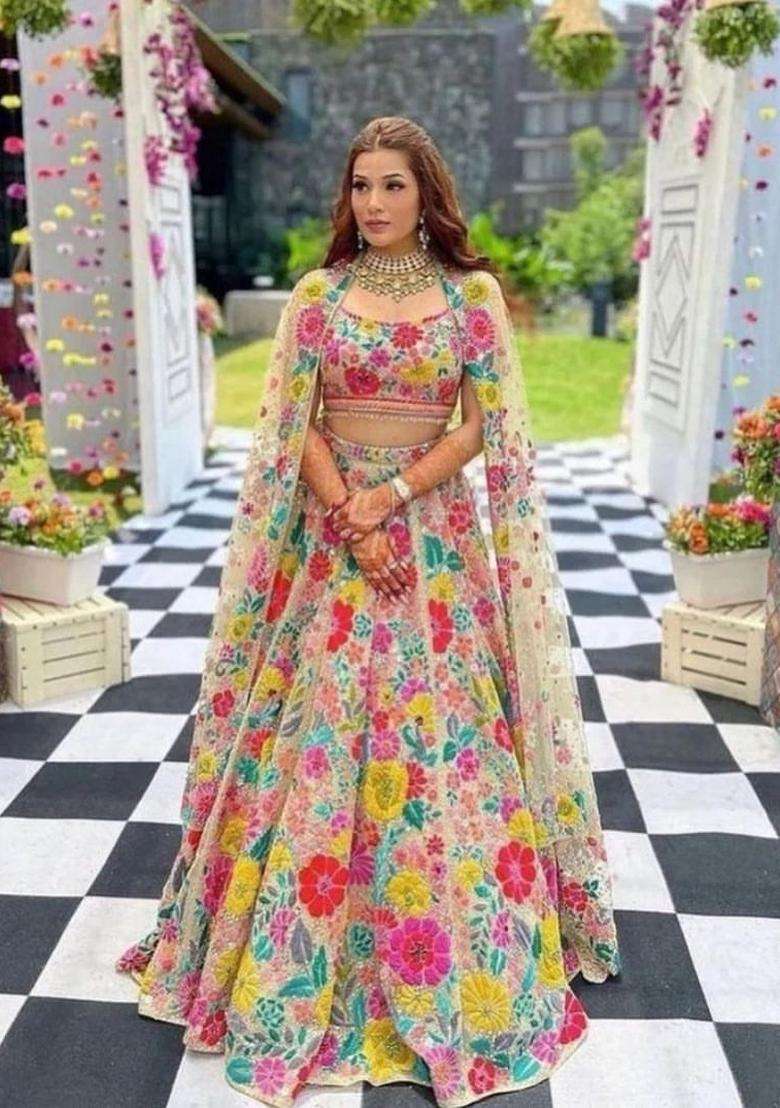 Chiku Embroidery Georgette Lehenga Set for Diwali and Festive Wear - Indya
