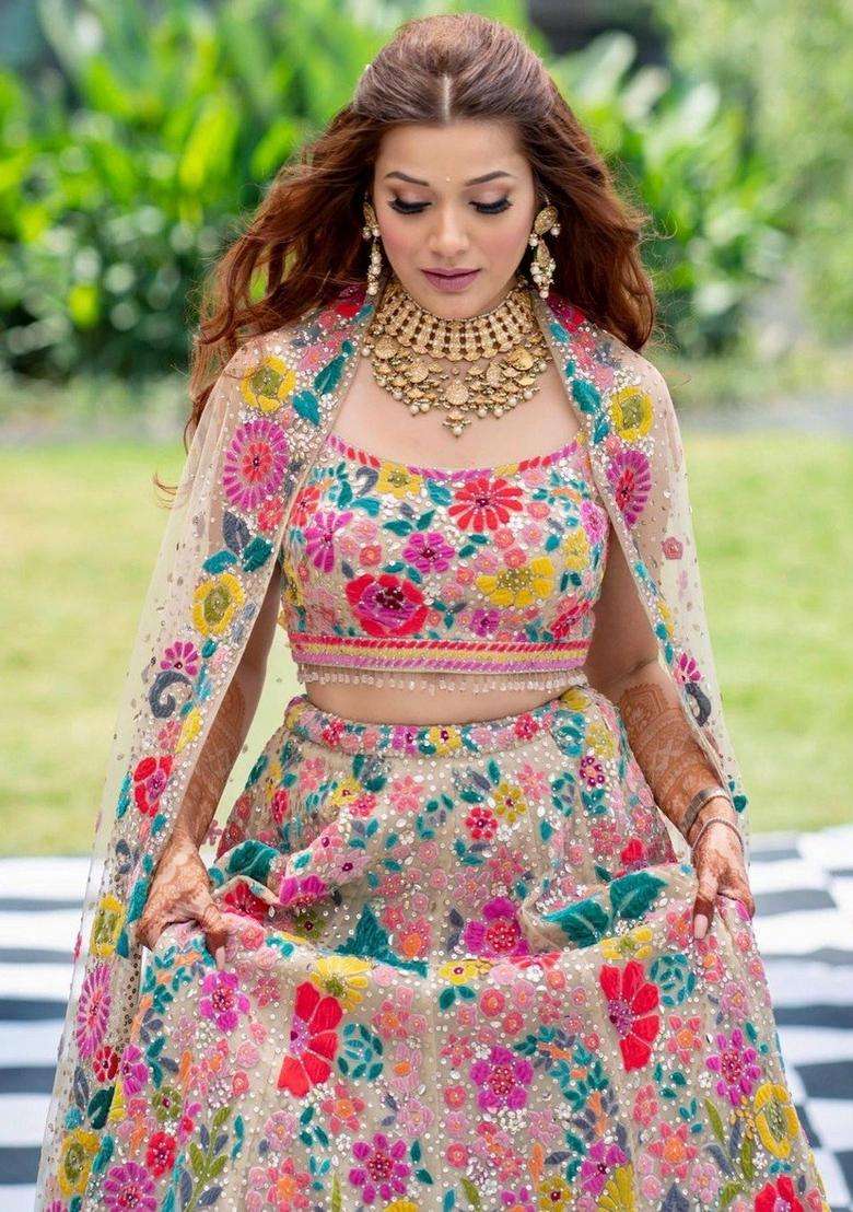 Chiku Embroidery Georgette Lehenga Set for Diwali and Festive Wear - Indya