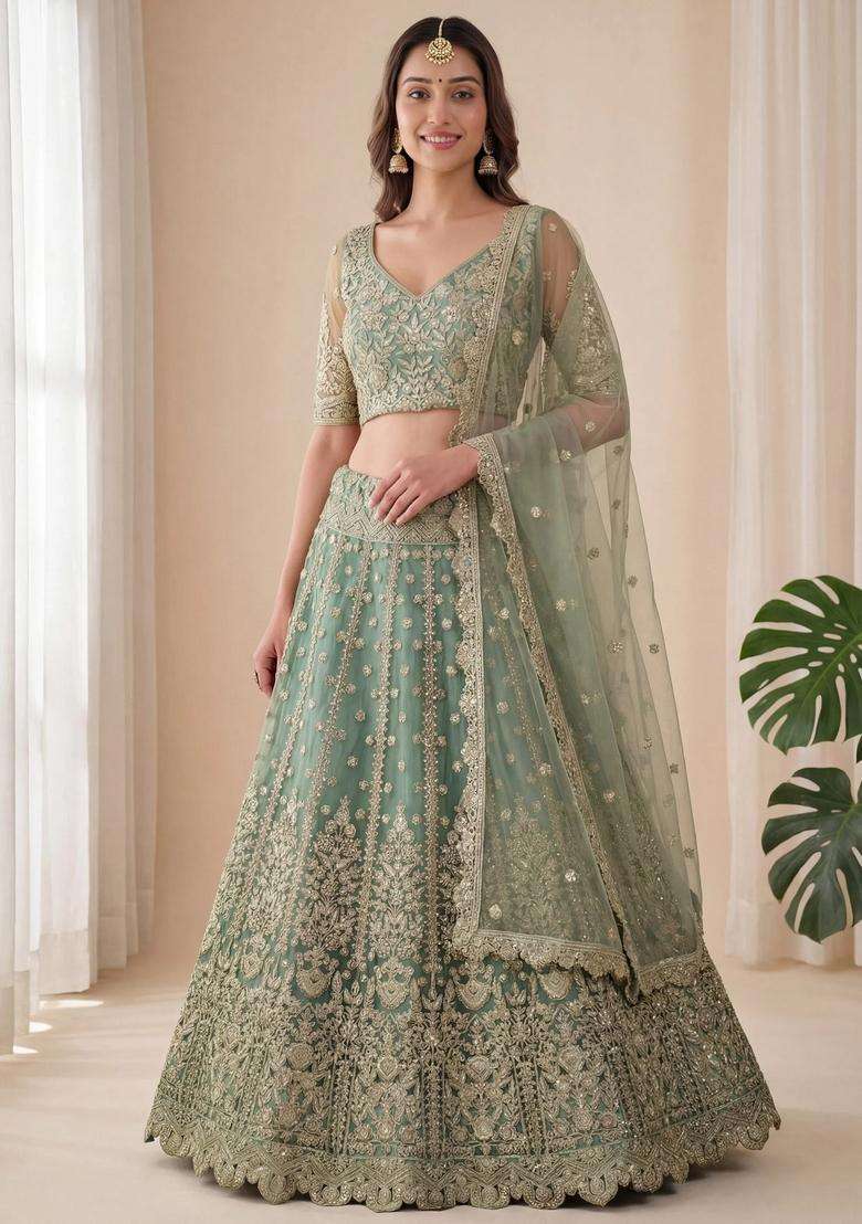 Green Embroidery Net Lehenga Set - Indya