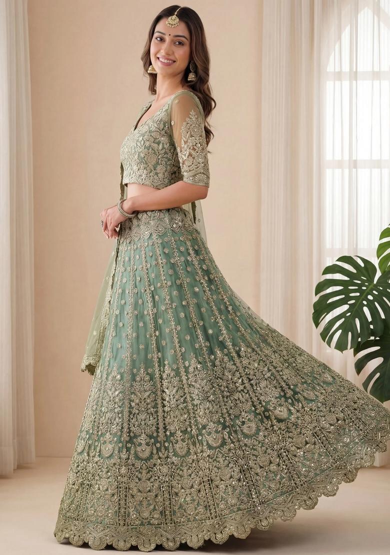 Green Embroidery Net Lehenga Set - Indya