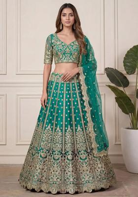 Green Embroidery Net Lehenga Set