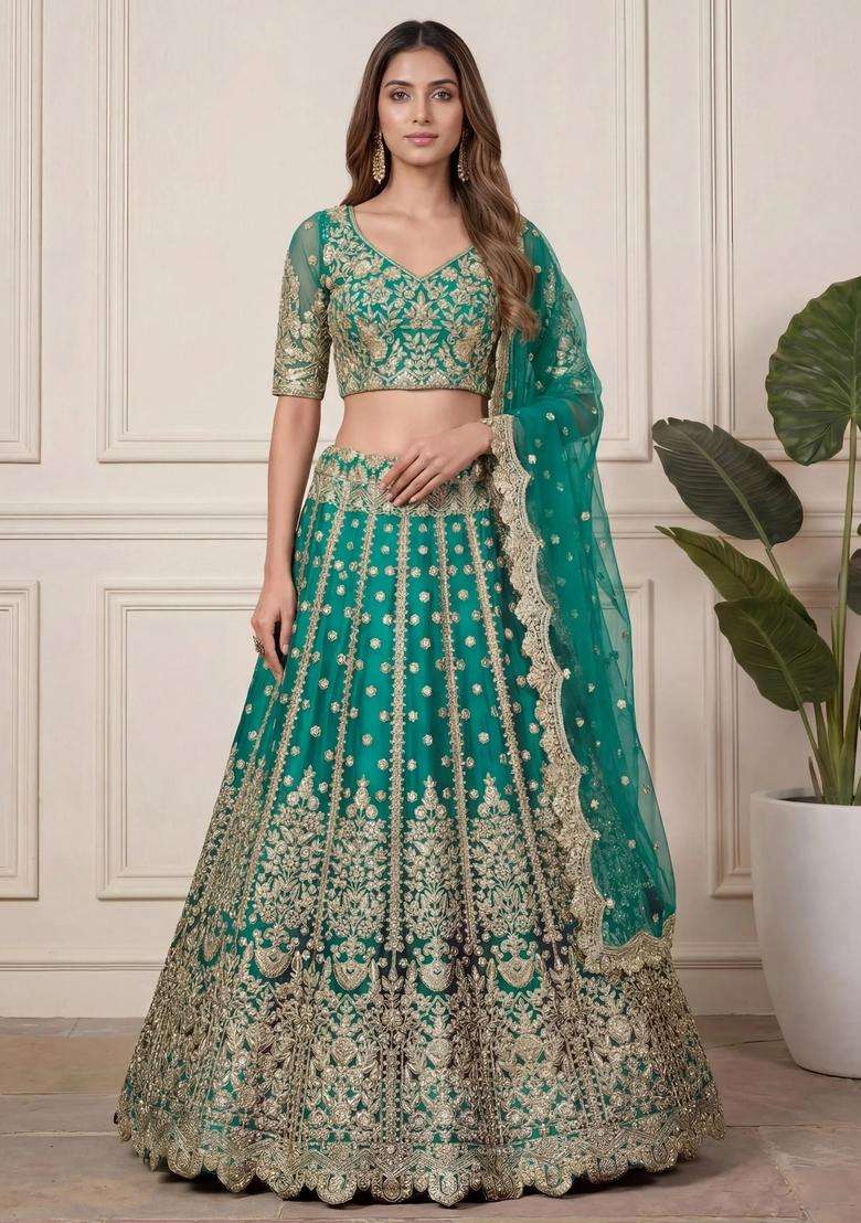 Green Embroidery Net Lehenga Set - Indya