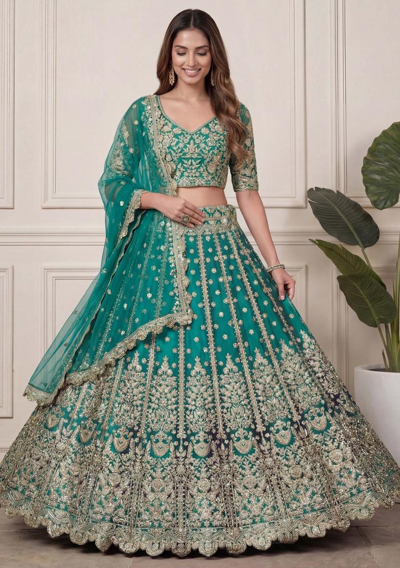 Green Embroidery Net Lehenga Set - Indya