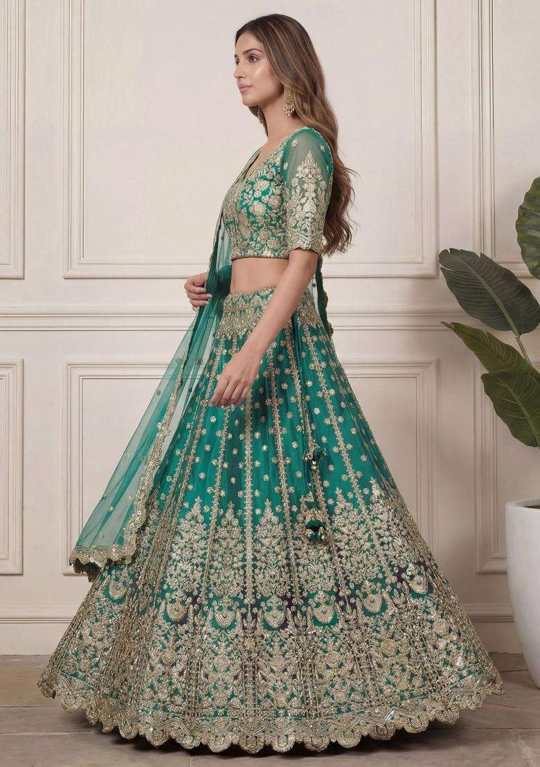 Green Embroidery Net Lehenga Set - Indya
