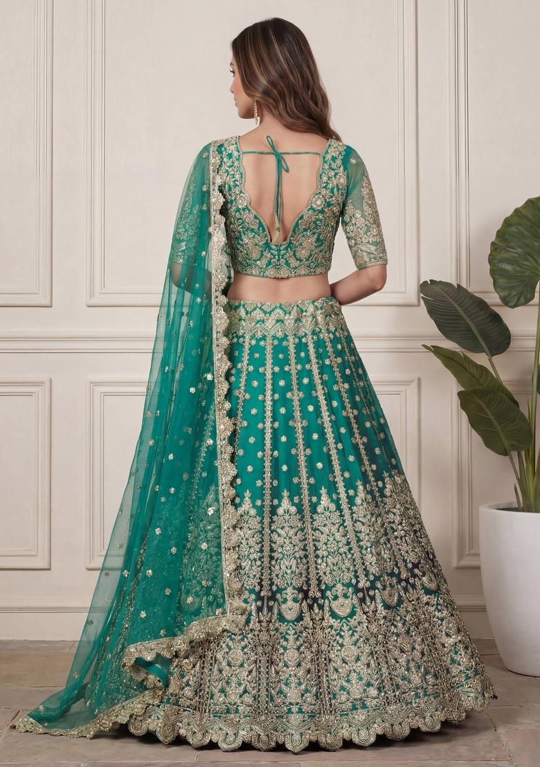 Green Embroidery Net Lehenga Set - Indya