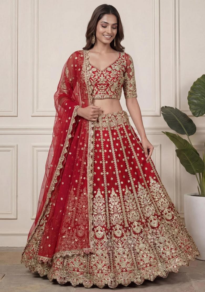 Red Embroidery Net Lehenga Set - Indya