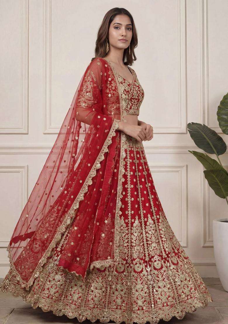 Red Embroidery Net Lehenga Set - Indya