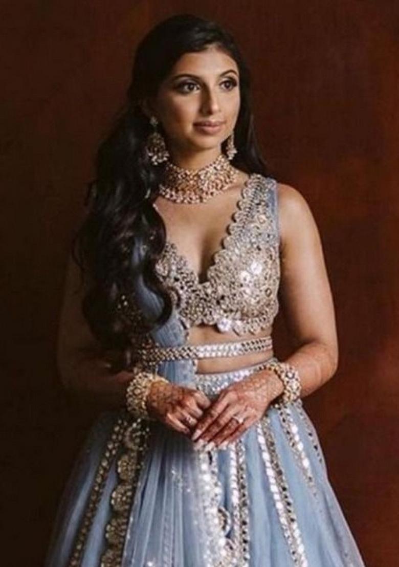 Grey Embroidery Net Lehenga Set - Indya