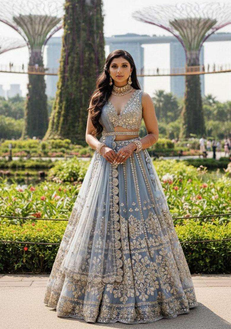 Grey Net Lehenga Set with Embroidery for Diwali | Wedding & Festive Wear - Indya
