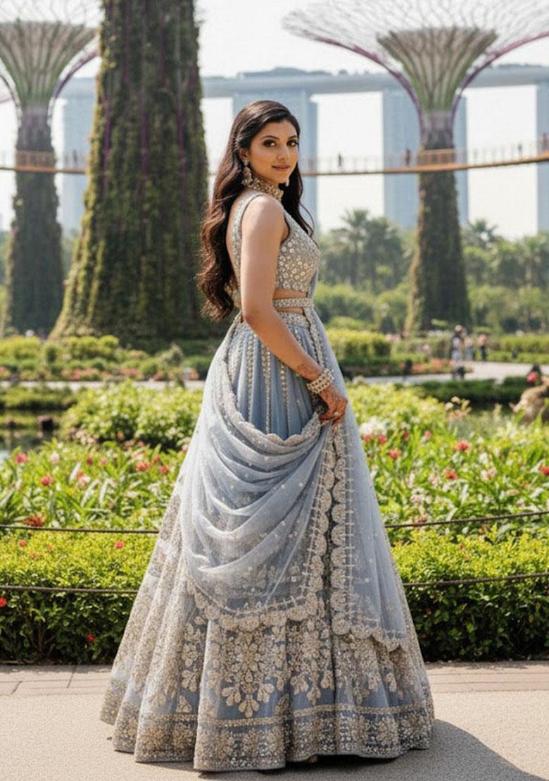 Grey Embroidery Net Lehenga Set - Indya