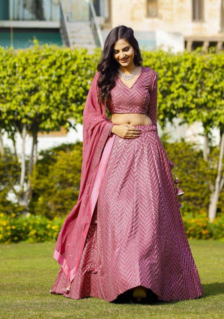 Metalic Pink Embroidery Georgette Lehenga Set for Diwali and Festive Wear - Indya