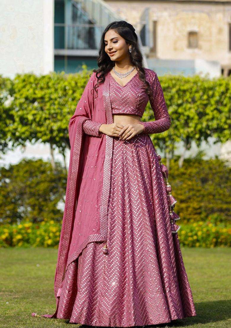 Metalic Pink Embroidery Georgette Lehenga Set for Diwali and Festive Wear - Indya