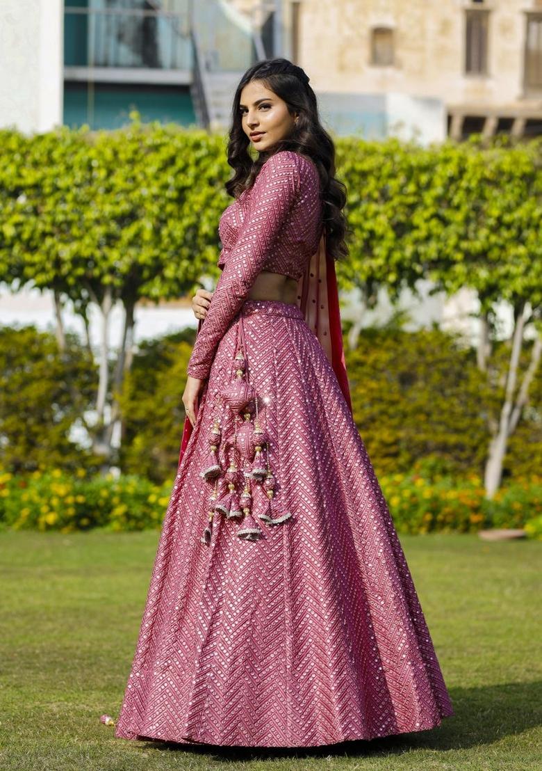 Metalic Pink Embroidery Georgette Lehenga Set - Indya