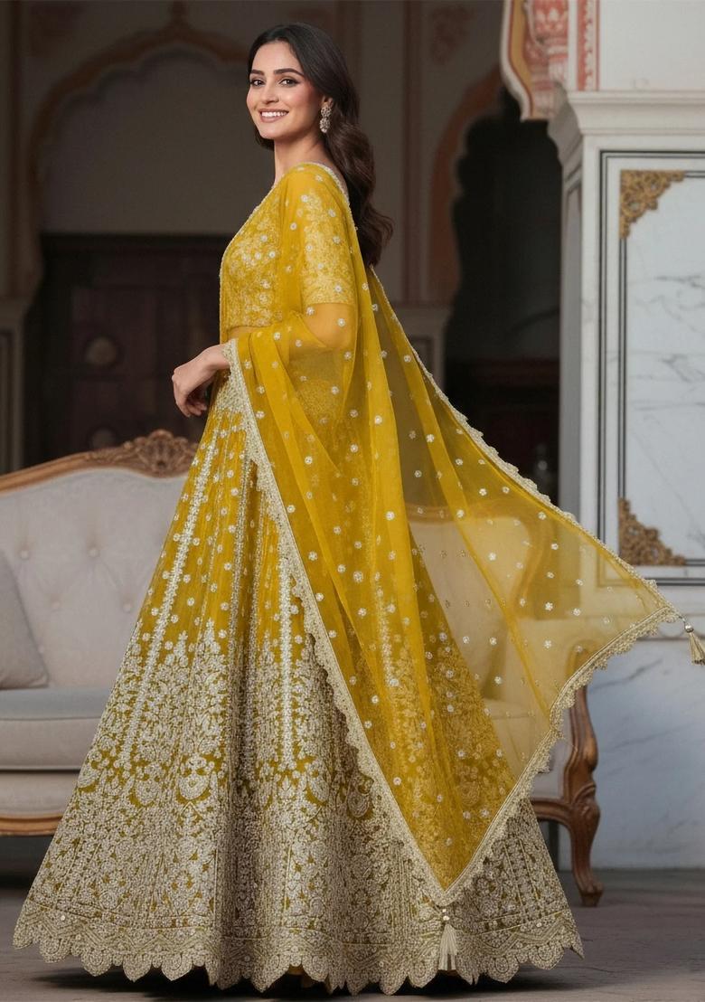 Yellow Embroidery Net Lehenga Set - Indya
