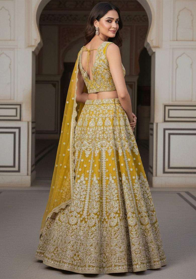 Yellow Embroidery Net Lehenga Set - Indya