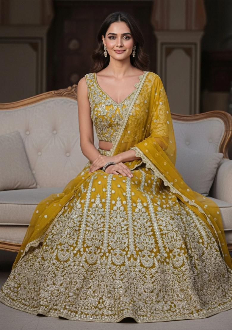 Yellow Embroidery Net Lehenga Set - Indya