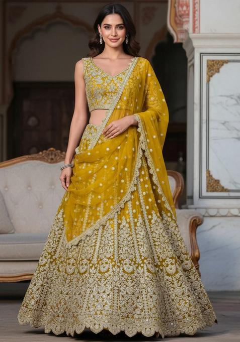 Yellow Embroidery Net Lehenga Set