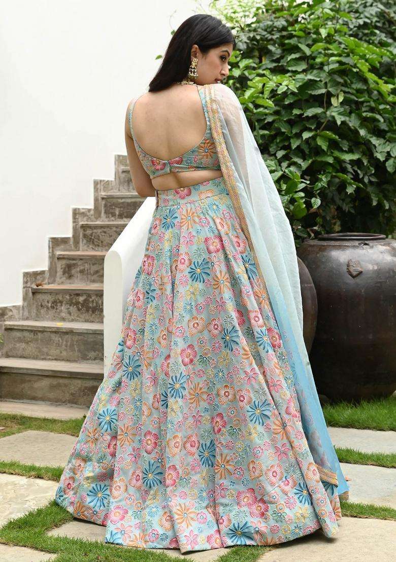 Multicolor Silk Blend Lehenga Set with Embroidery for Diwali | Wedding & Festive Wear - Indya
