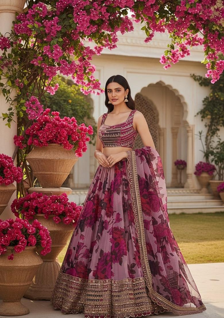 Multicolor Embroidery Organza Lehenga Set - Indya