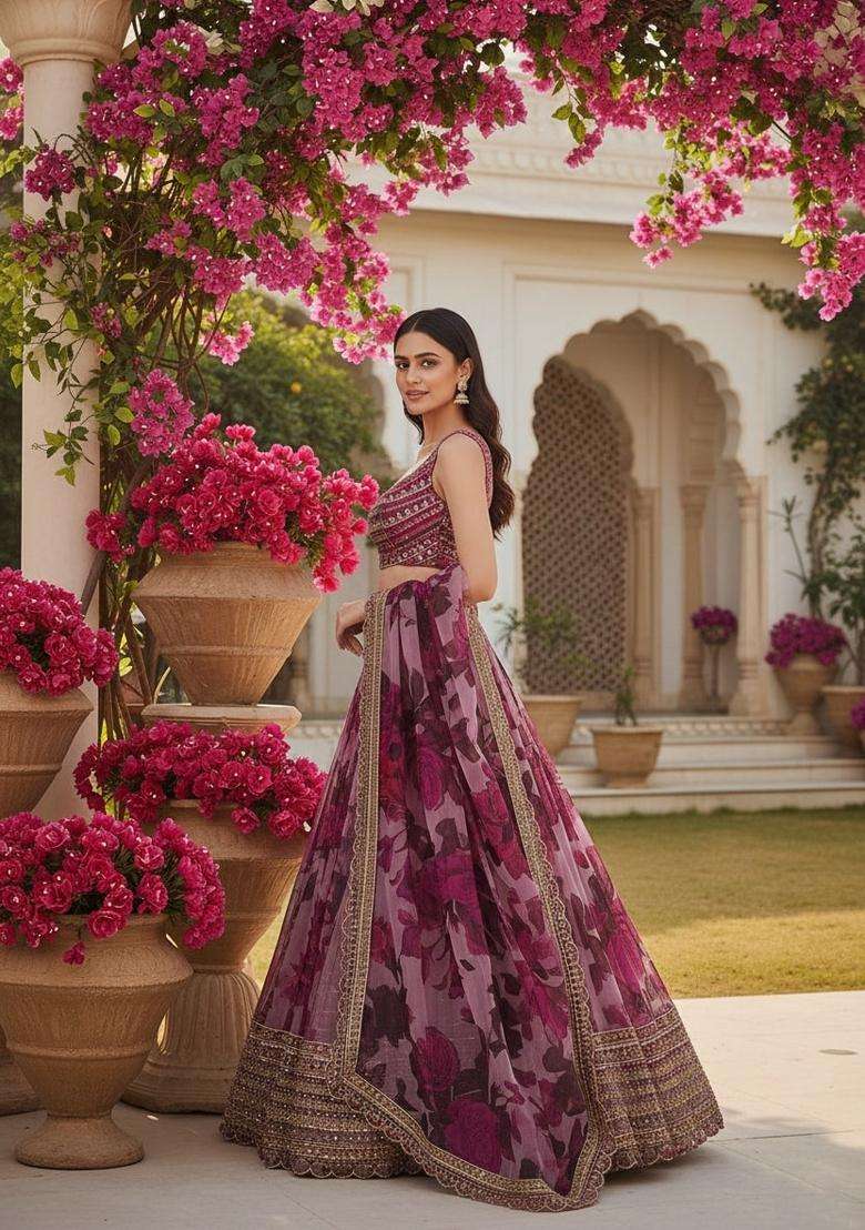 Multicolor Organza Lehenga Set with Embroidery for Diwali | Wedding & Festive Wear - Indya