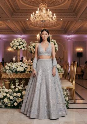 Steal Grey Embroidery Silk Lehenga Set