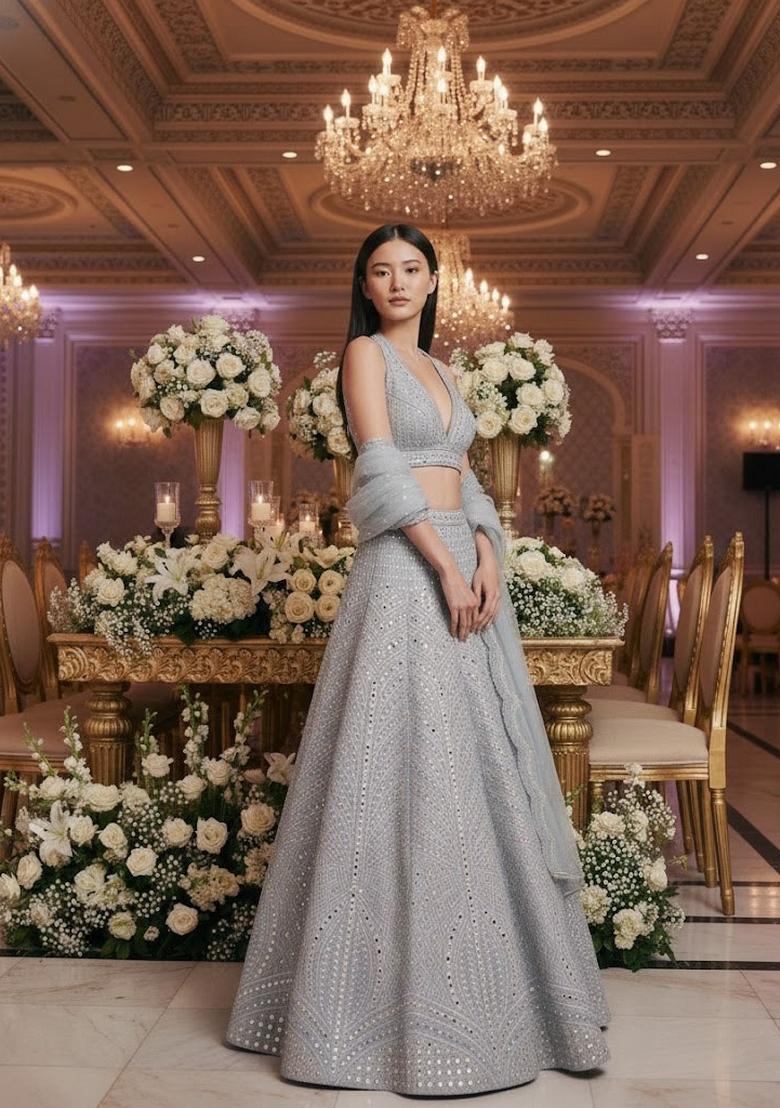 Steal Grey Embroidery Silk Lehenga Set - Indya