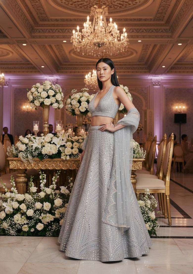 Steal Grey Silk Lehenga Set with Embroidery for Diwali | Wedding & Festive Wear - Indya