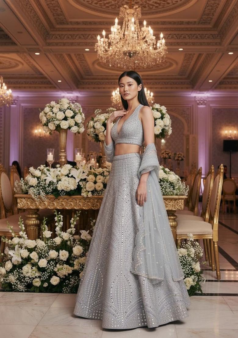 Steal Grey Embroidery Silk Lehenga Set - Indya