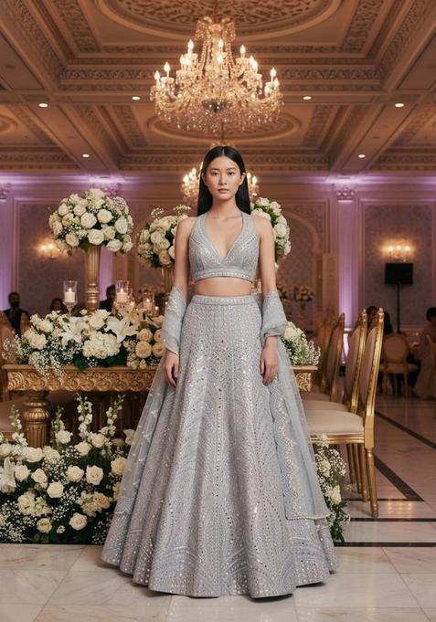 Steal Grey Embroidery Silk Lehenga Set