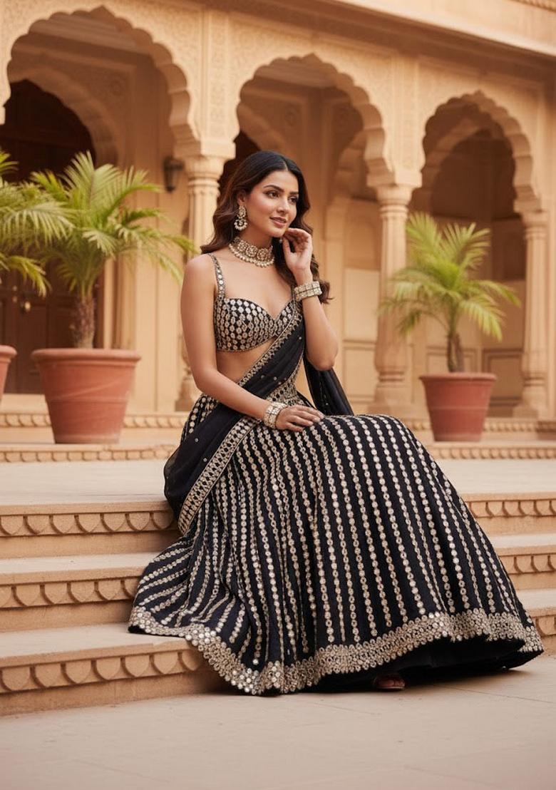 Black Embroidery Organza Lehenga Set - Indya