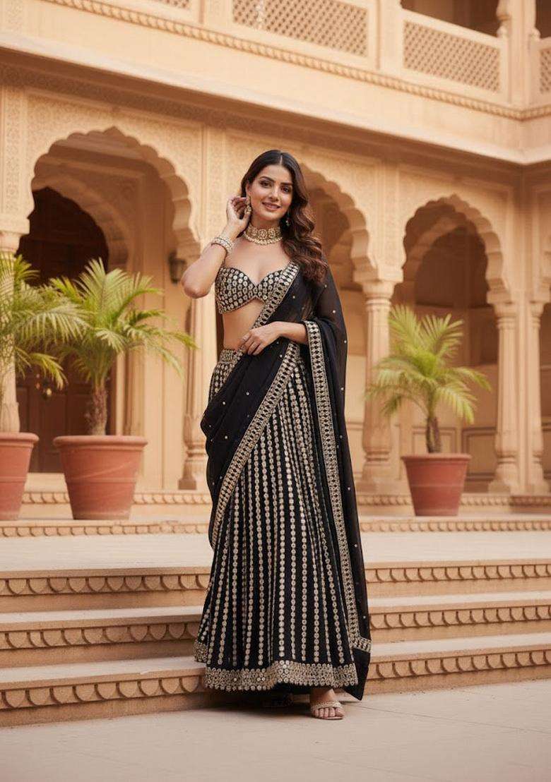 Black Embroidery Organza Lehenga Set for Diwali and Festive Wear - Indya