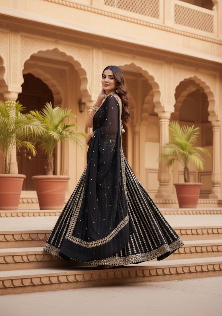Black Embroidery Organza Lehenga Set - Indya