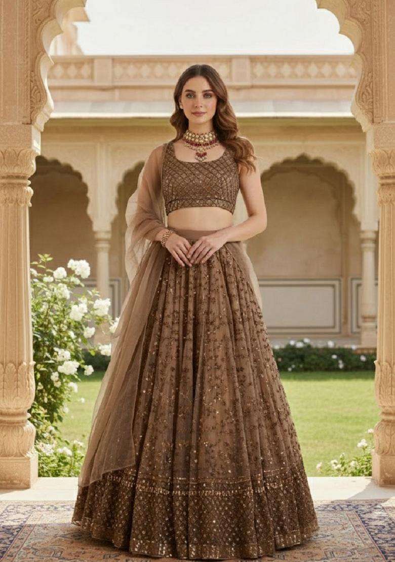 Brown Net Lehenga Set with Embroidery for Diwali | Wedding & Festive Wear - Indya