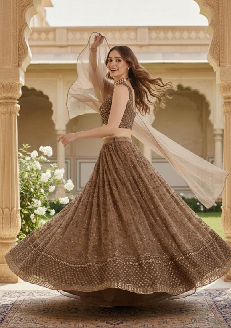 Brown Embroidery Net Lehenga Set - Indya