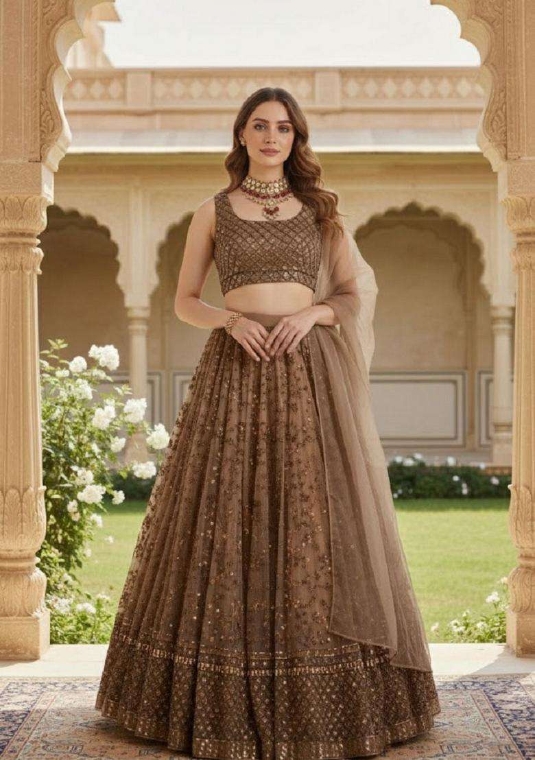 Brown Net Lehenga Set with Embroidery for Diwali | Wedding & Festive Wear - Indya