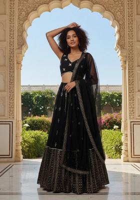 White Embroidery Georgette Lehenga Set