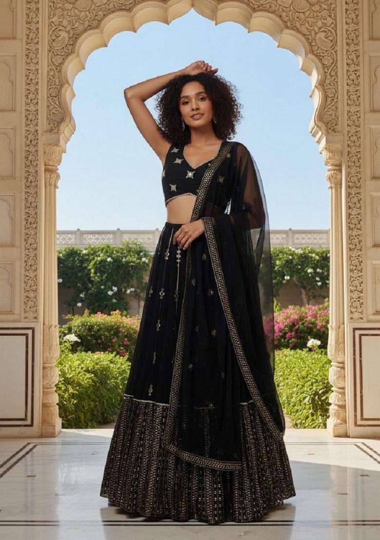 White Embroidery Georgette Lehenga Set for Diwali and Festive Wear - Indya