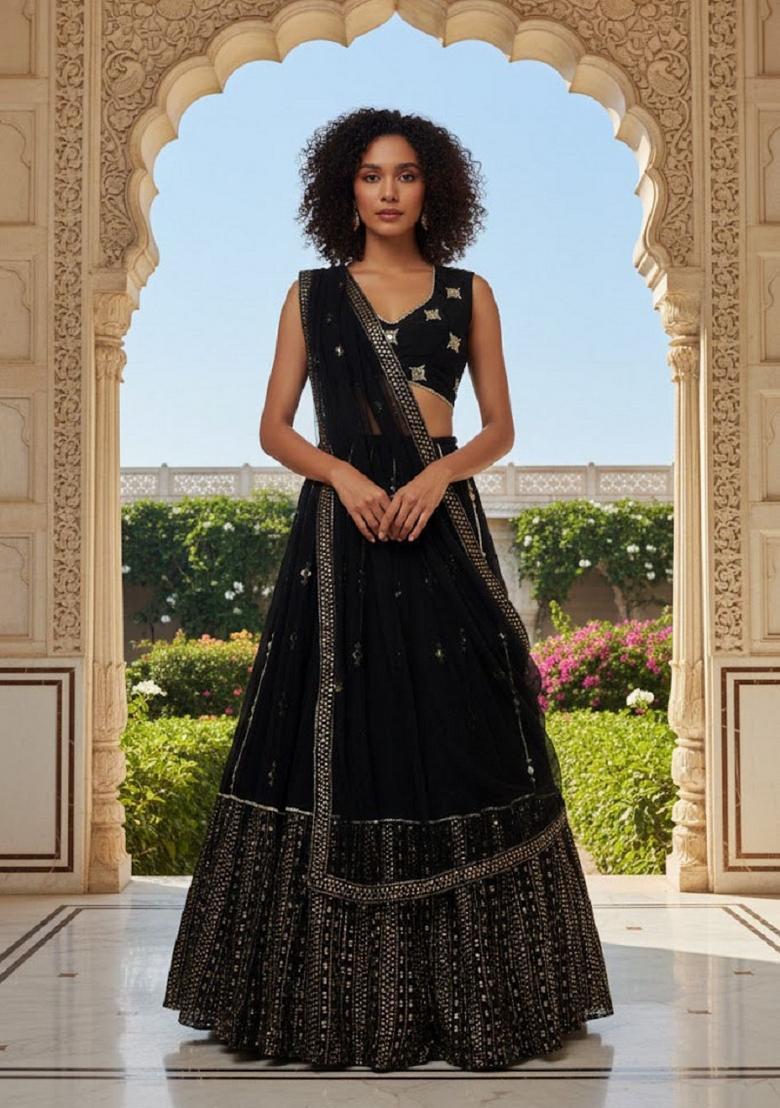 White Embroidery Georgette Lehenga Set - Indya