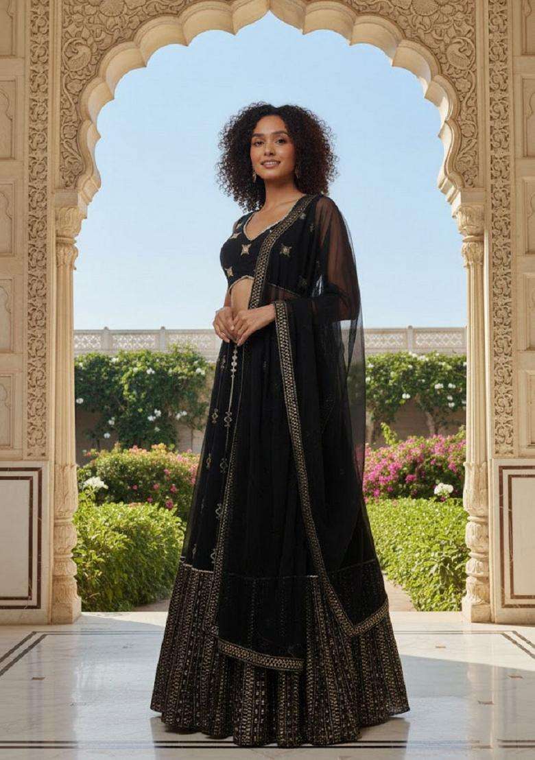 White Embroidery Georgette Lehenga Set for Diwali and Festive Wear - Indya