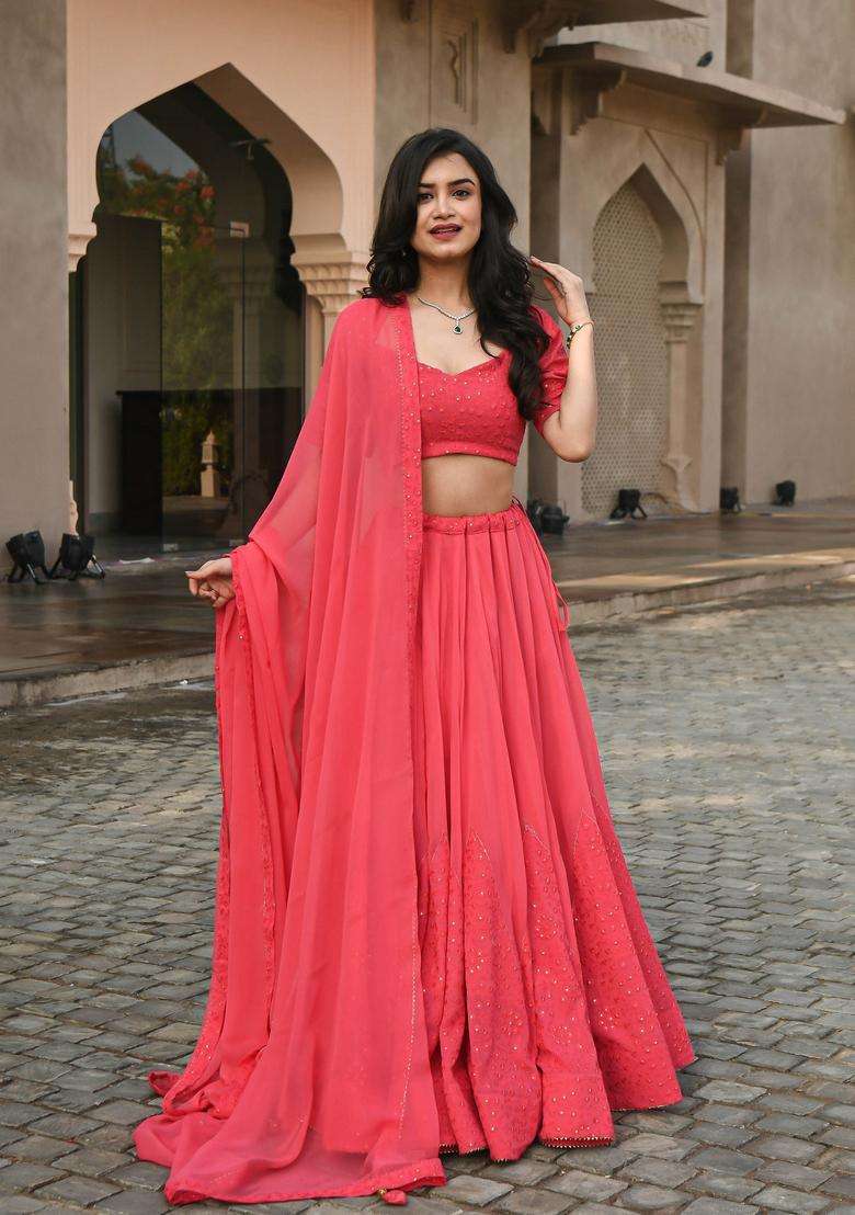 Gajari Pink Georgette Lehenga Set with Embroidery for Diwali | Wedding & Festive Wear - Indya