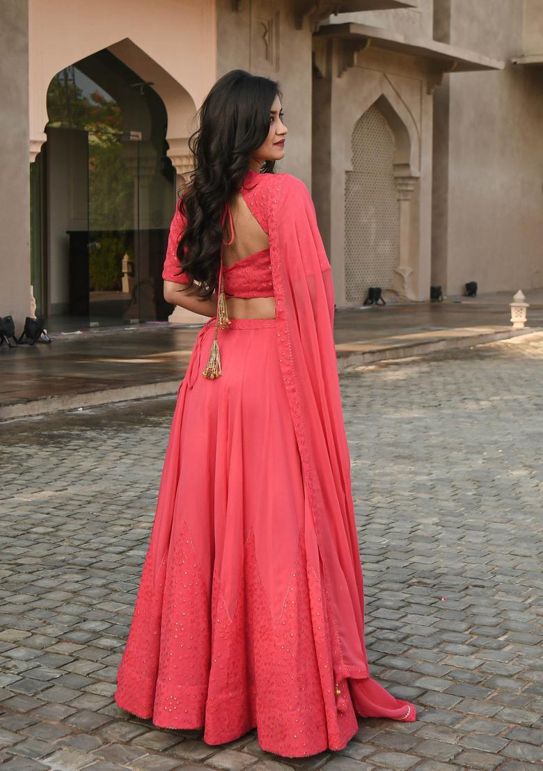 Gajari Pink Embroidery Georgette Lehenga Set - Indya
