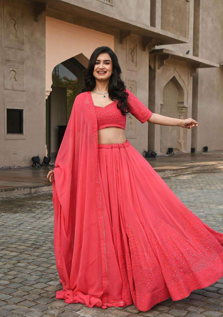 Gajari Pink Georgette Lehenga Set with Embroidery for Diwali | Wedding & Festive Wear - Indya